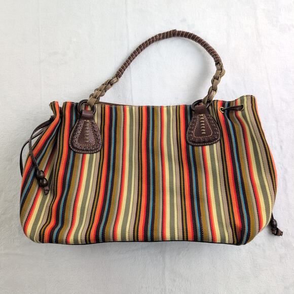 Fossil Earthy Tones Canvas Striped Hobo Hippie Indie Purse Double Handle - Picture 7 of 10
